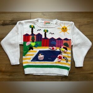 Vintage 90s 3D Knit Coco Kids Novelty Summer Pool Scene White Sweater 4